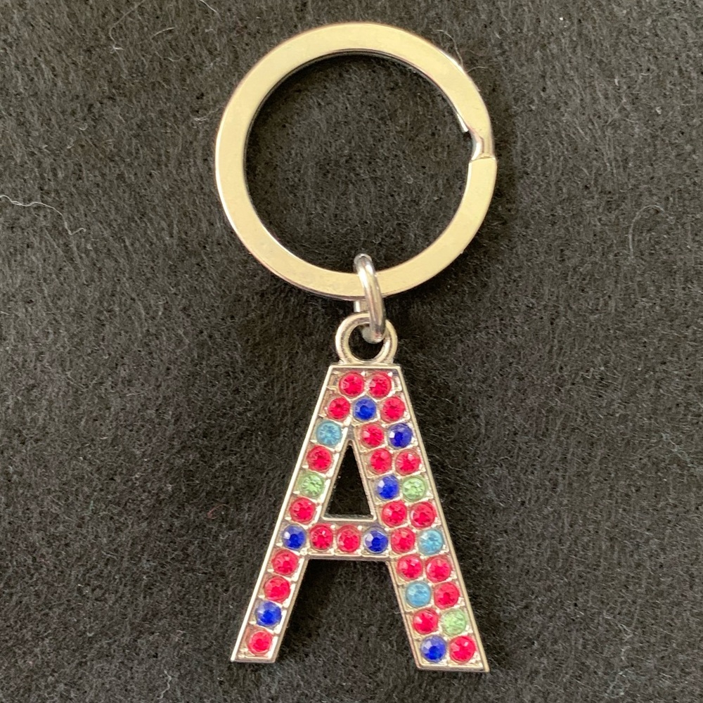 Letter A keychain Multi color crystals 1.5” ring full length 3”